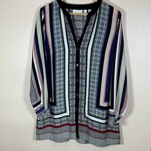 Susan Graver button Down Tunic Long Sleeve Size 10 Geometric Print Lagenlook